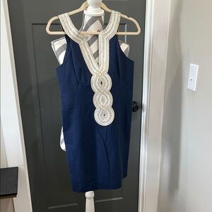 LILLY PULITZER Navy Dress with White, Gold & Silver Embellishments.